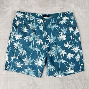 Onia Charles 7"Short Swim Trunks Men 32 Palm Tree Print Teal Mesh Tropical Beach